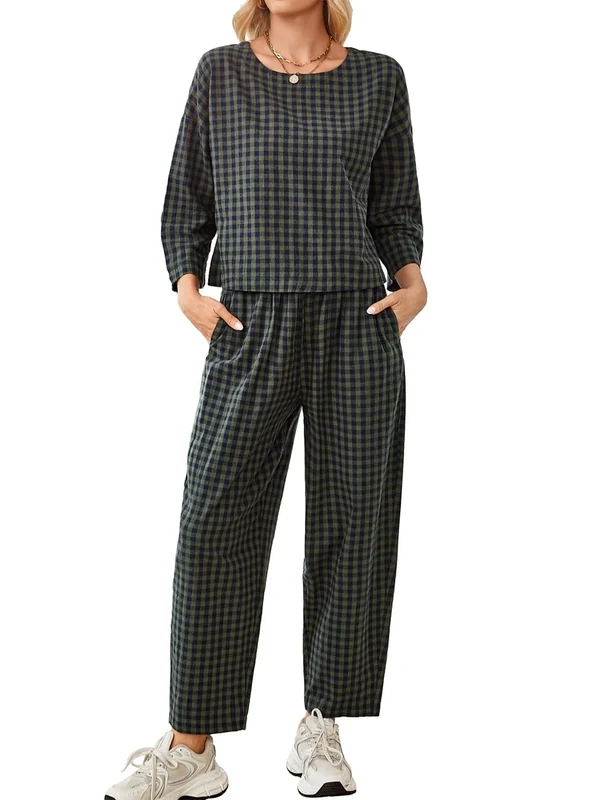 SotRong Womens Gingham Two Piece Set Plaid Linen Coord Sets Checkered Lounge Set Long Sleeve Crew Neck Top and Wide Leg Pants Pajama Set Army Green XL - Image 1