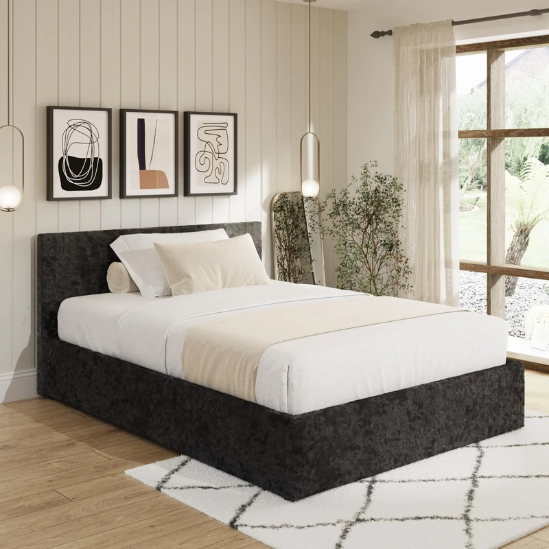 GFW End Lift Ottoman Black Crushed Velvet Upholstered Gas Lift Storage Bed Bedroom 150cm 5ft King