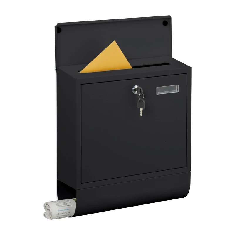 Relaxdays letterbox with nameplate, 4 keys, newspaper tube, dimensions H x W x D: 41.5 x 37.5 x 14 cm, metal, black