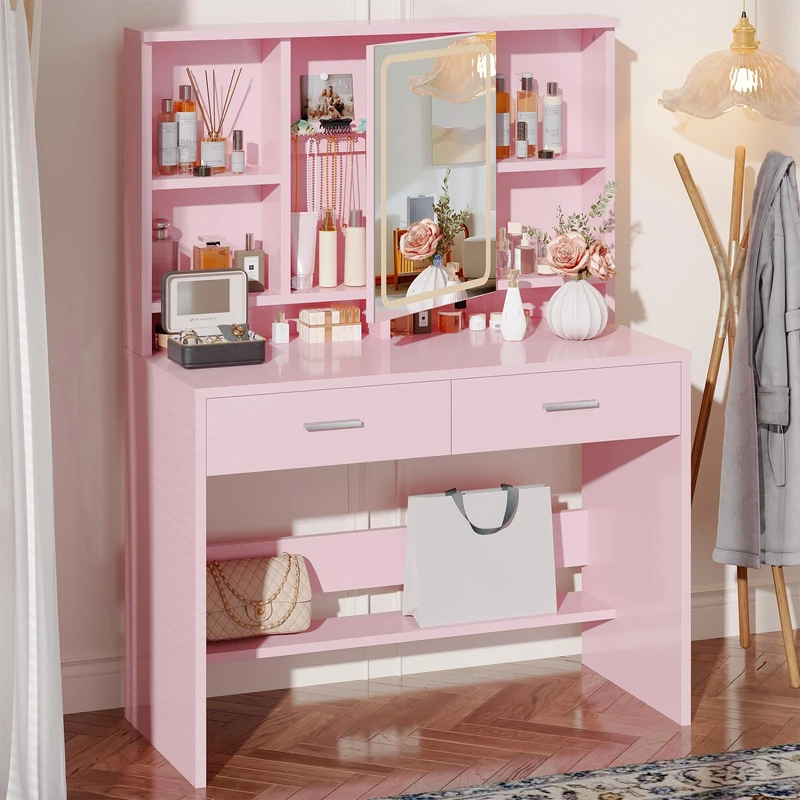 JUMMICO Dressing Table with LED Lighting,Vanity Table with Mirror and Jewelry Hooks,3 Colors Adjustable Brightness,Makeup Desk with 2 Drawers and 4 Open Shelves for Bedroom（Pink）