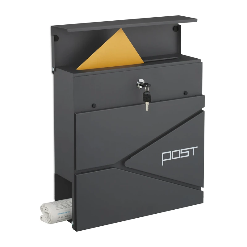 Relaxdays post box with modern design, metal, 4 keys, with newspaper holder, HxWxD: approx. 38 x 37 x 12 cm, anthracite