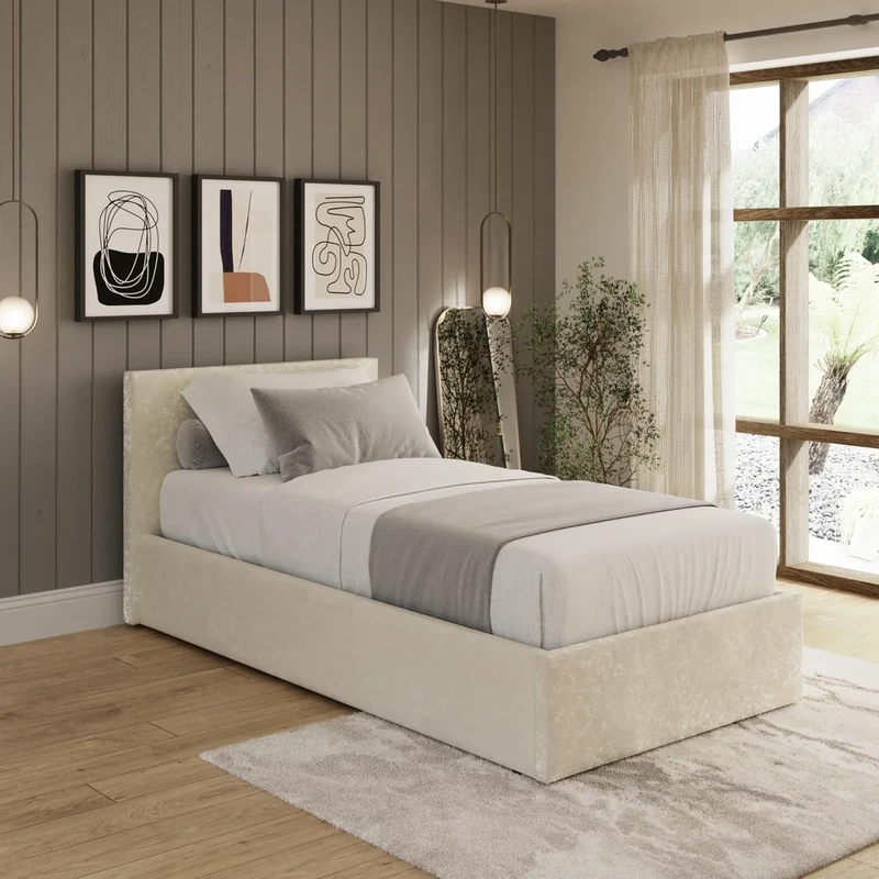 GFW Upholstered End Lift Ottoman Storage Bed Cream Crushed Velvet Single 3ft 90cm