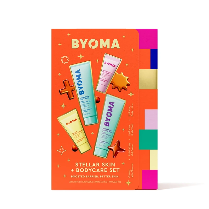 BYOMA Stellar Skin & Bodycare 4-Piece Kit – 15ml Moisturising Gel-Cream, 15ml Creamy Jelly Cleanser, 100ml Hydrating Body Wash & Lotion | Suitable for All Skin Types