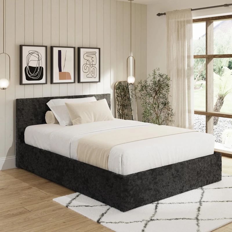 GFW End Lift Ottoman Black Crushed Velvet Upholstered Gas Lift Storage Bed Bedroom 135cm 4ft 6 Double