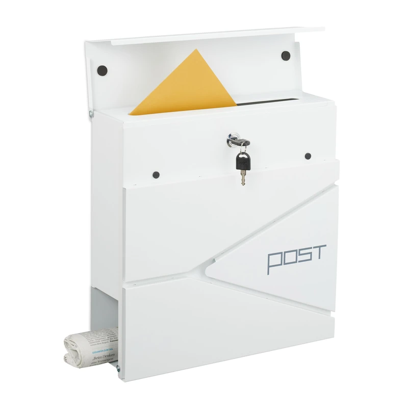 Relaxdays mailbox with modern design, metal, 4 keys, with newspaper holder, HxWxD: approx. 38 x 37 x 12 cm, white