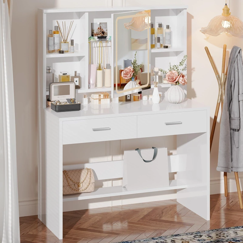 JUMMICO Dressing Table with LED Mirror,Vanity Desk with 2 Large Drawers,Adjustable Brightness,Makeup Table with Open Shelves,Bedroom Furniture (Modern White)