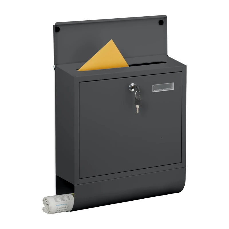 Relaxdays letterbox with nameplate, 4 keys, newspaper tube, postbox, HWD 41.5 x 37.5 x 14 cm, metal, anthracite