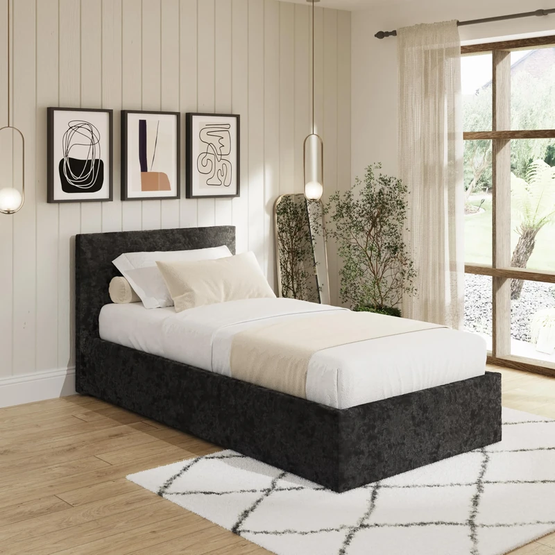 GFW End Lift Ottoman Black Crushed Velvet Upholstered Gas Lift Storage Bed Bedroom 90cm 3ft Single