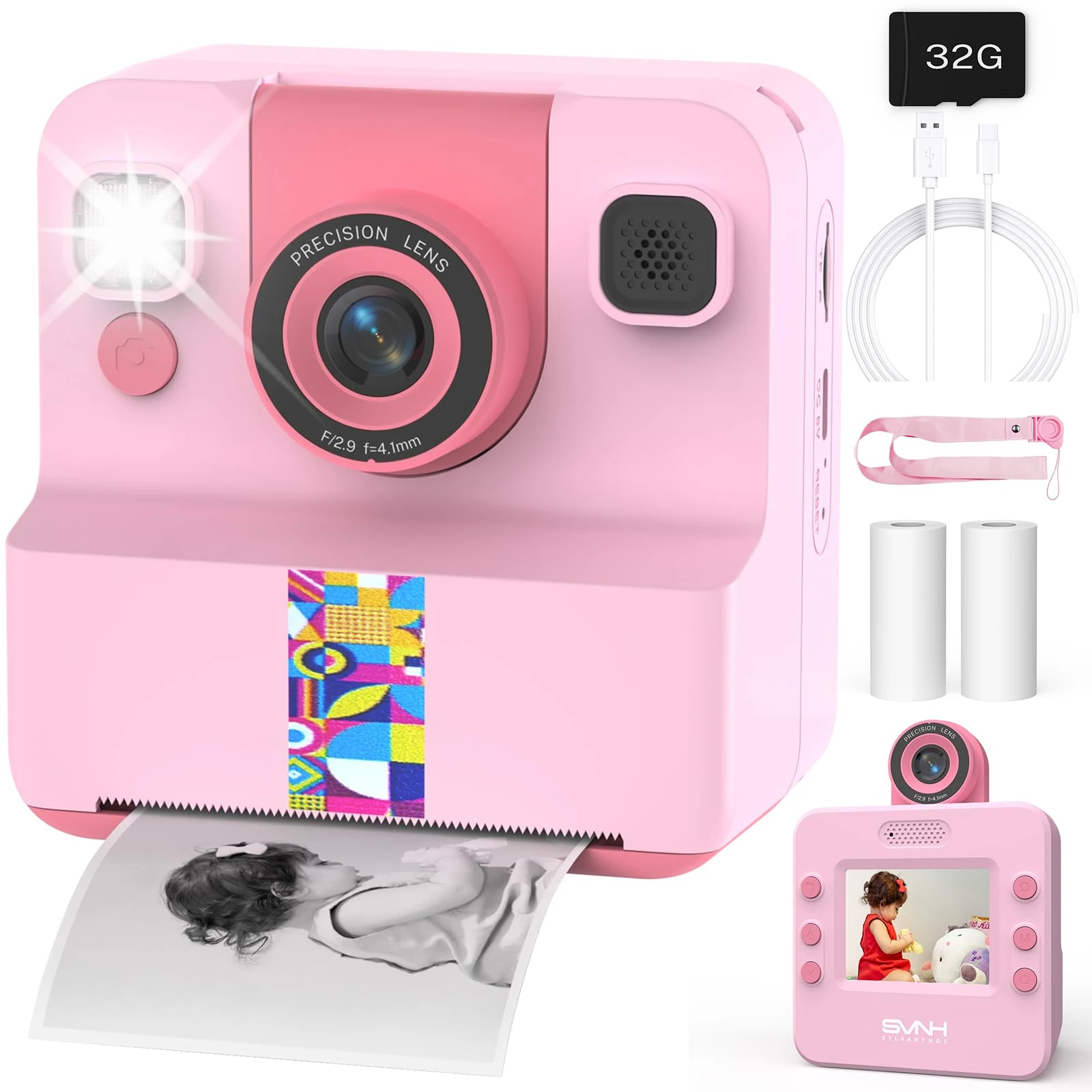 SYLVANTHOS Kids Camera Instant Print, 1080P Digital Camera for Kids, 180° Rotating Selfie Lens with 32GB SD Card Kids Instant Print Camera Gifts for Boys Girls Aged 3-12, Pink