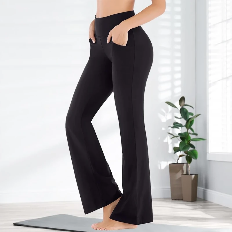 Women's High-Waist Flare Leggings - Wide Leg Yoga Pants with Pockets, Black, Small