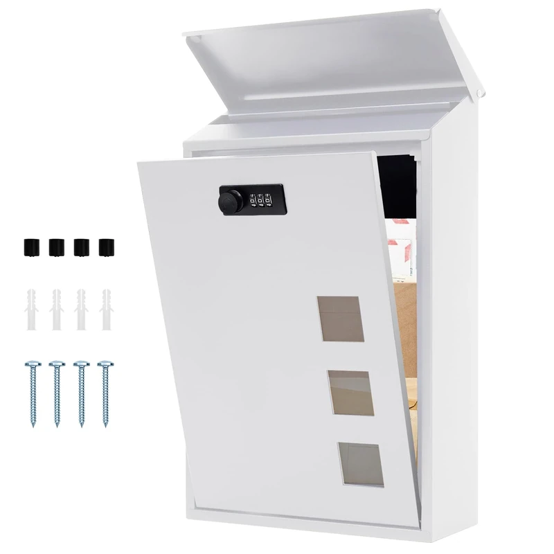 lisetar Post Box Wall Mounted, Steel Mail Box with Combination Lock - Weather-Resistant, 3 Viewing Windows, Rain Cover, Lockable for Outside, 40 x 25 x 10 cm (white)