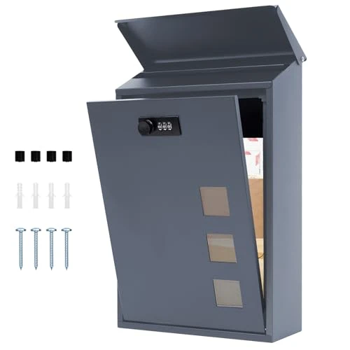 lisetar Post Box Wall Mounted, Steel Mail Box with Combination Lock - Weather-Resistant, 3 Viewing Windows, Rain Cover, Lockable for Outside, 40 x 25 x 10 cm (blue)