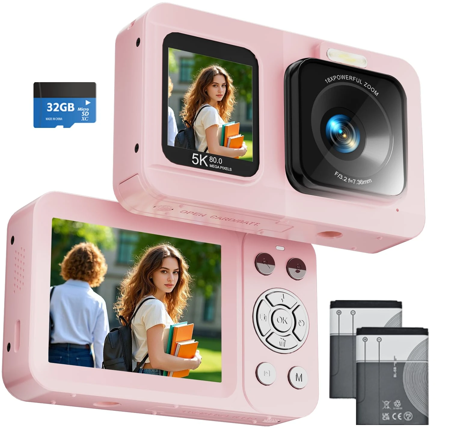 Digital Camera 5K, 80MP Dual Lens Kids Camera Autofocus Compact Camera with 2 Batteries & 32GB SD Card for Photography 18X Digital Zoom Mini Vlogging Camera Christmas Birthday Gifts for Kids Beginners