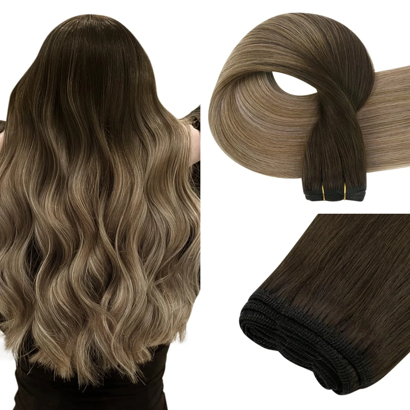 Easyouth Sew in Hair Extensions Ombre Weft Human Hair Extensions Dark Brown Ombre To Chestnut Brown Mix Ash Blonde Soft and Smooth Human Hair Extension Sew in for Short 12Inch 70G
