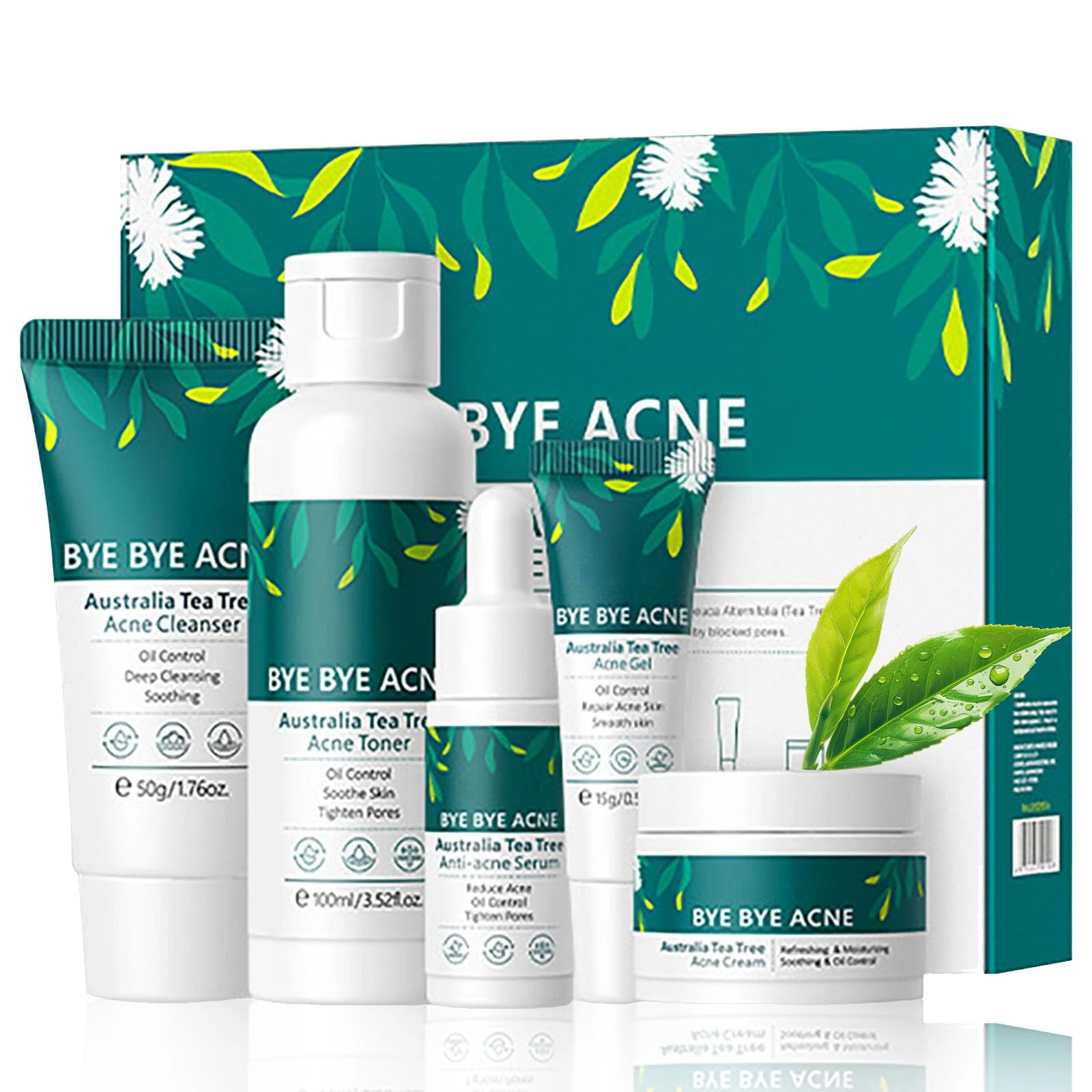 Australia Tea Tree Acne Skincare Set - Teen Skincare Gift Set with Cleanser, Toner, Acne Gel, Face Serum & Acne Cream - Anti-Acne & Oil Control Facial Kit - Acne Treatment Kit for Acne-Prone Skin