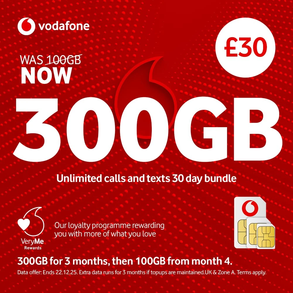 Vodafone Pay As You Go SIM Card, Unlimited Calls and Texts, 30 Day Bundle (£30)
