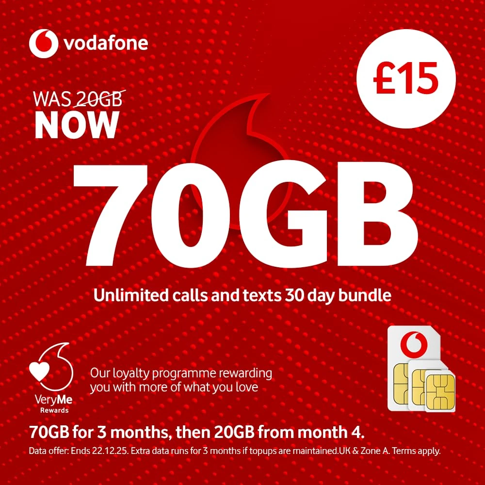 Vodafone 70GB Pay As You Go SIM Card, Unlimited Calls and Texts, 30 Day Bundle