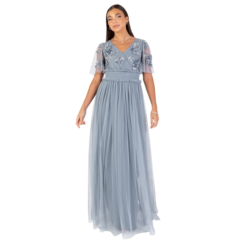 Maya Deluxe Women's Maxi Dress Ladies V-Neck Angel Sleeve Floral Embellished Tulle Shirred Waistline A-line Wedding Guest Bridesmaid, Dusty Blue, 22
