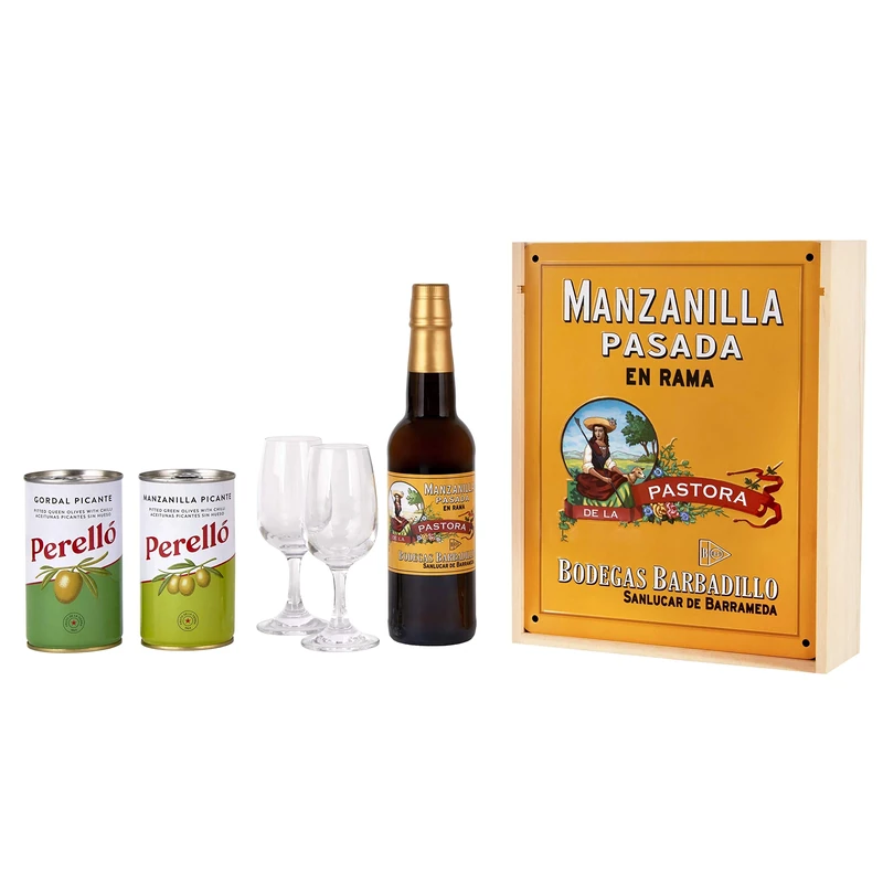 Barbadillo Manzanilla Pasada Sherry Gift Set: 375ml Bottle with Copita Glasses & Gourmet Olive Selection - A Taste of Spanish Elegance! (Pack of 6)