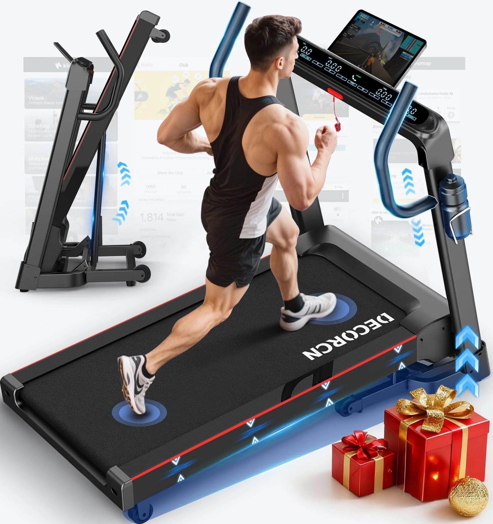 Decorcn Folding Treadmill for Home, 7HP, 20 Auto Incline, 1km/h-18km/h, 180KG limited, Running Machine for Heavy People with APP,LED, Bluetooth Speakers, Silent Walking Pad