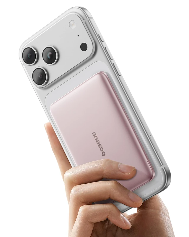 Baseus Picogo AM41 Power Bank, Ultra Slim 5000 mAh Magsafe Power Bank, PD 20W Fast Charge, Portable Wireless Magnetic External Battery with USB C Cable for iPhone 17/16/15/14/13/12, Pink