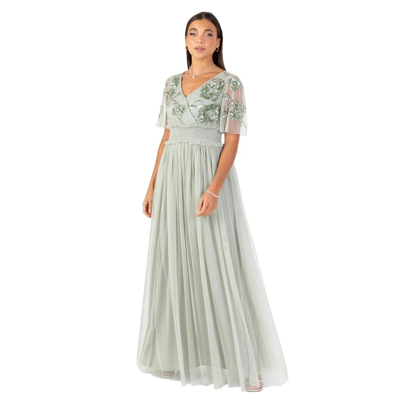 Maya Deluxe Women's Maxi Dress Ladies V-Neck Angel Sleeve Floral Embellished Tulle Shirred Waistline A-line Wedding Guest Bridesmaid, Green Lily, 8