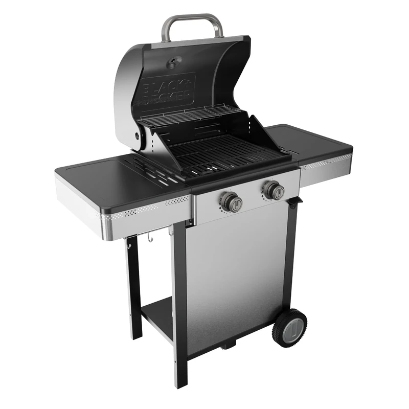Black+Decker BXOG72000E Gas Barbecue | 2 Burners 3.6kW | Cast Iron Grill | Easy Cleaning | Stainless Steel Thermometer | Flexible Cooking Area | Swivel Wheels