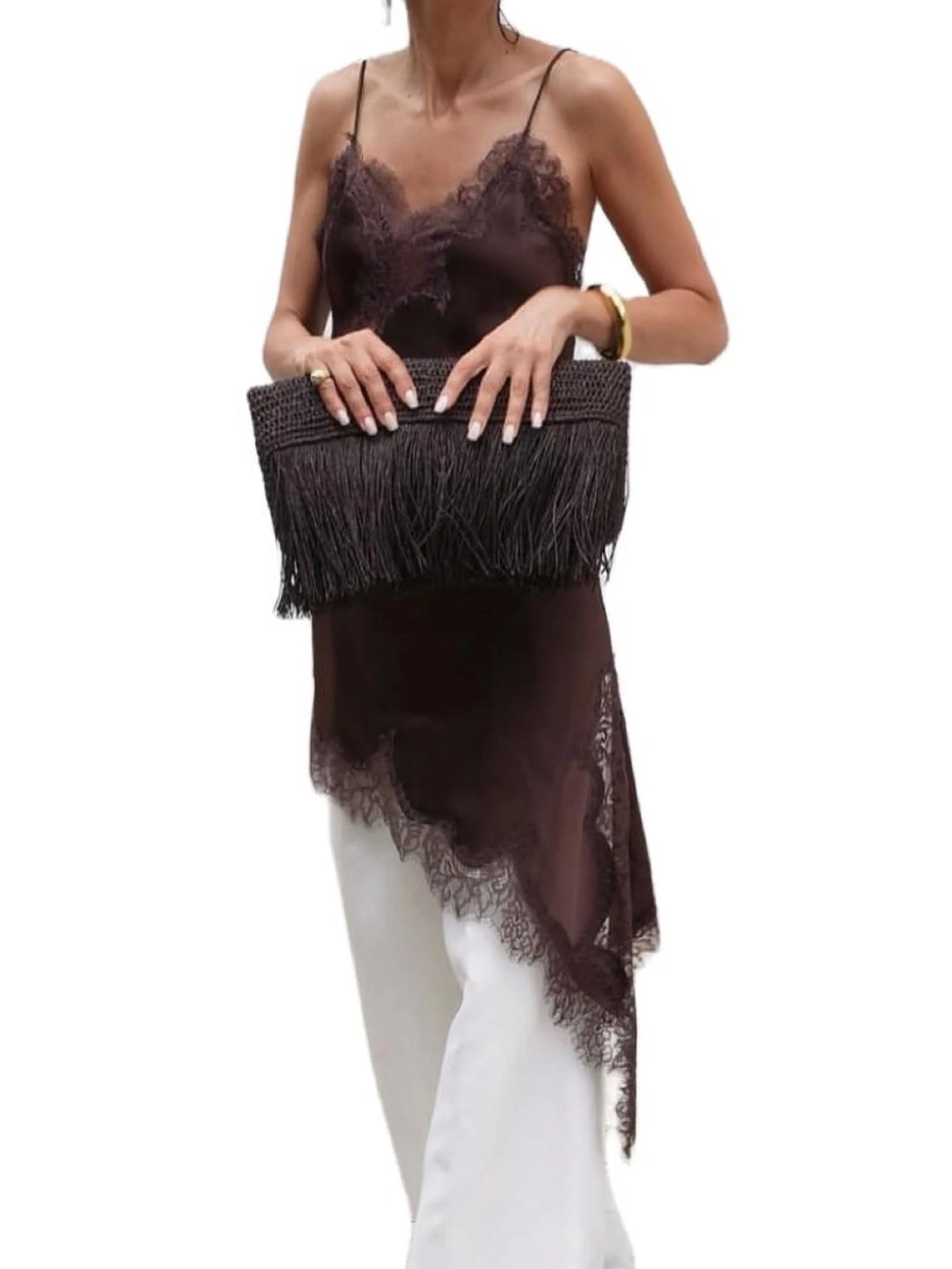 Betrodi Womens Lace Trim Asymmetrical Top Y2k Silk Satin Irregular Hem Cami Vest Top V Neck Patchwork Coquette Going Out Tops (Fashion Brown,Large)