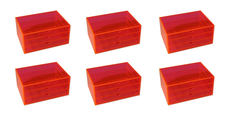 OSCO Transparent Acrylic 3-Drawer Storage Chest for Cosmetics, Jewellery & Stationery, Transparent Desktop Organiser with Non-Slip Feet, A5 Size, 6 Pack, Neon