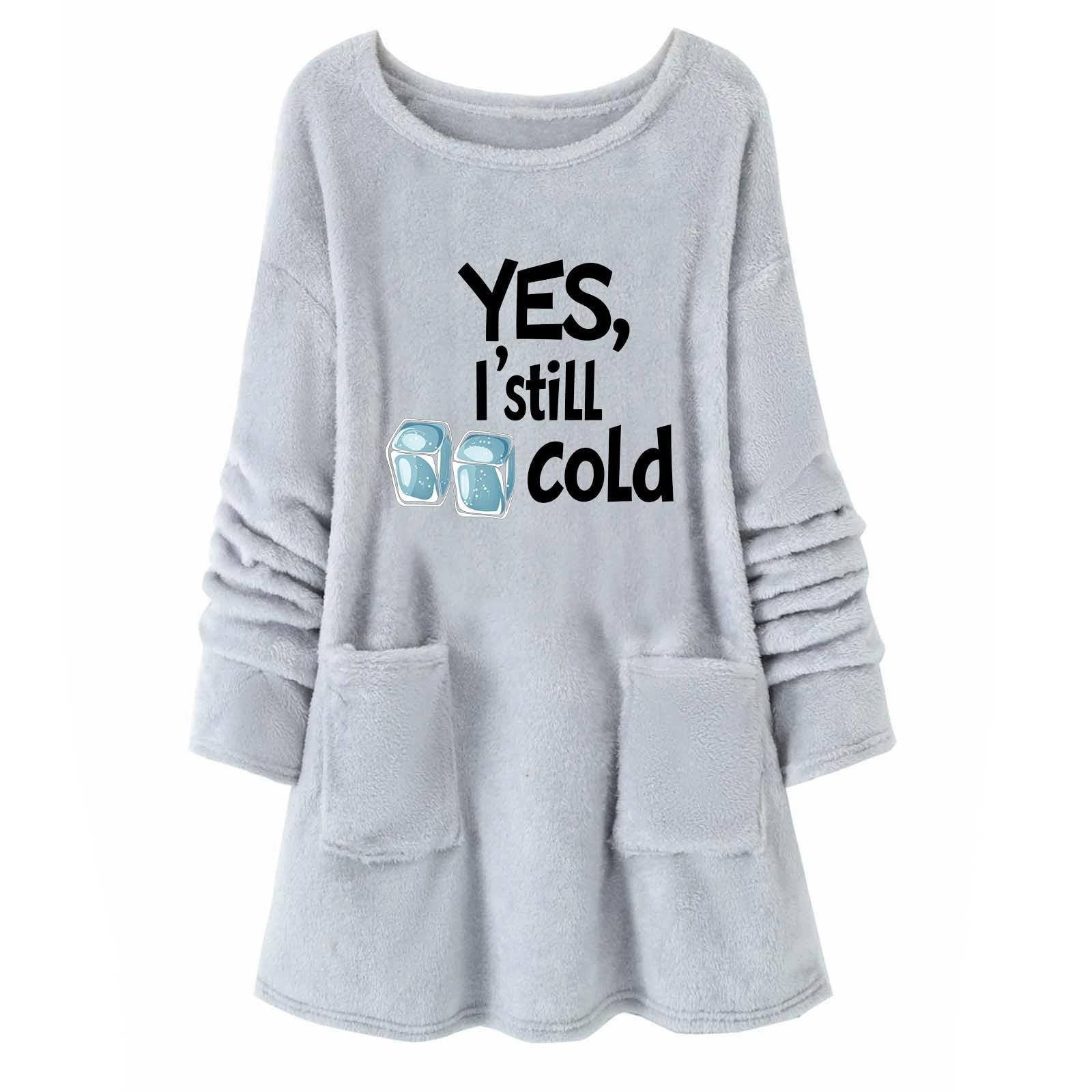 KUIH Long Sweatshirt Women Oversized Jumper Sherpa Fleece Longline Sweatshirts Letter Print Warm Tops Autumn Winter Sweaters Ladies Fluffy Tops Thermal Thicken Pullover with Pockets