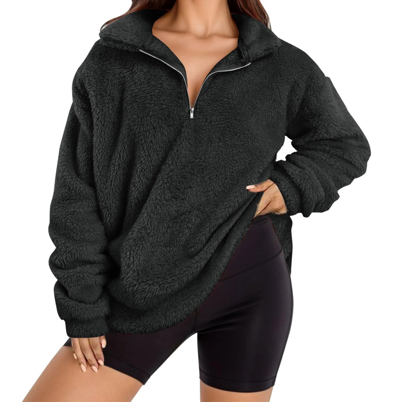 KUIH Half Zip Jumper Women Fleece Sweatshirt 1/4 Zip Cosy Top Long Sleeve Stand Collar Teddy Fleece Tunic Tops Double Fleece Fluffy Pullover Tops Oversized Sweatshirts Fall Winter Warm Coats