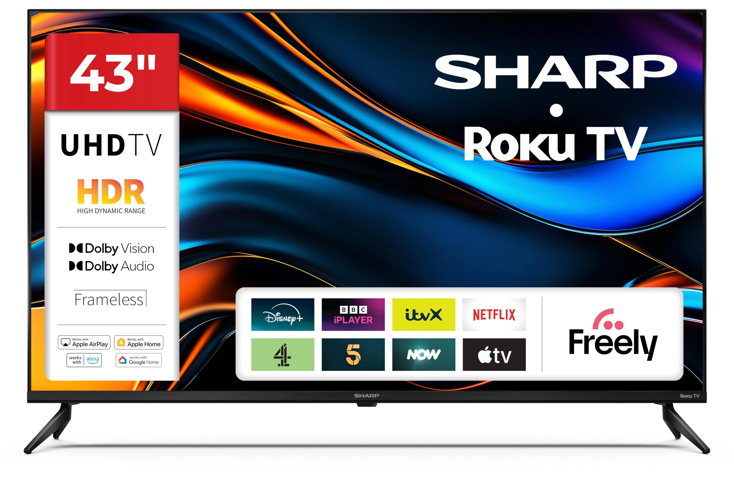 Sharp 43-Inch 4K Ultra UHD Frameless LED Roku Smart TV Dolby Vision HDR10 HDMI 2.1 eARC Smart Roku TV Platform -With Freely Included - 43HJ4325K (HJ Series)