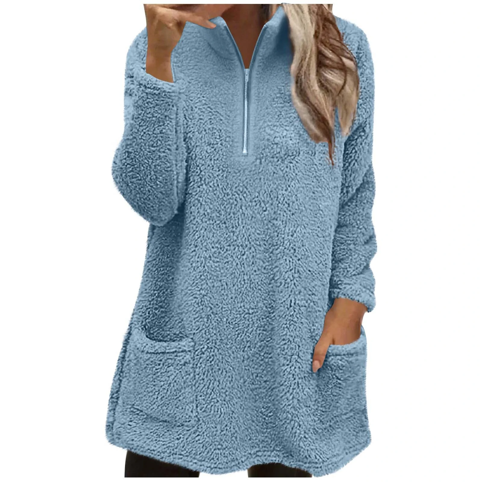 KUIH Womens Fleece Sweatshirt Half Zip Fluffy Pullover Jumpers Long Oversized Sweatshirts for Women Thick Warm Longline Fleee Tops Thermal Tunics Ladies Soft Fuzzy Sweaters Cosy Blouses