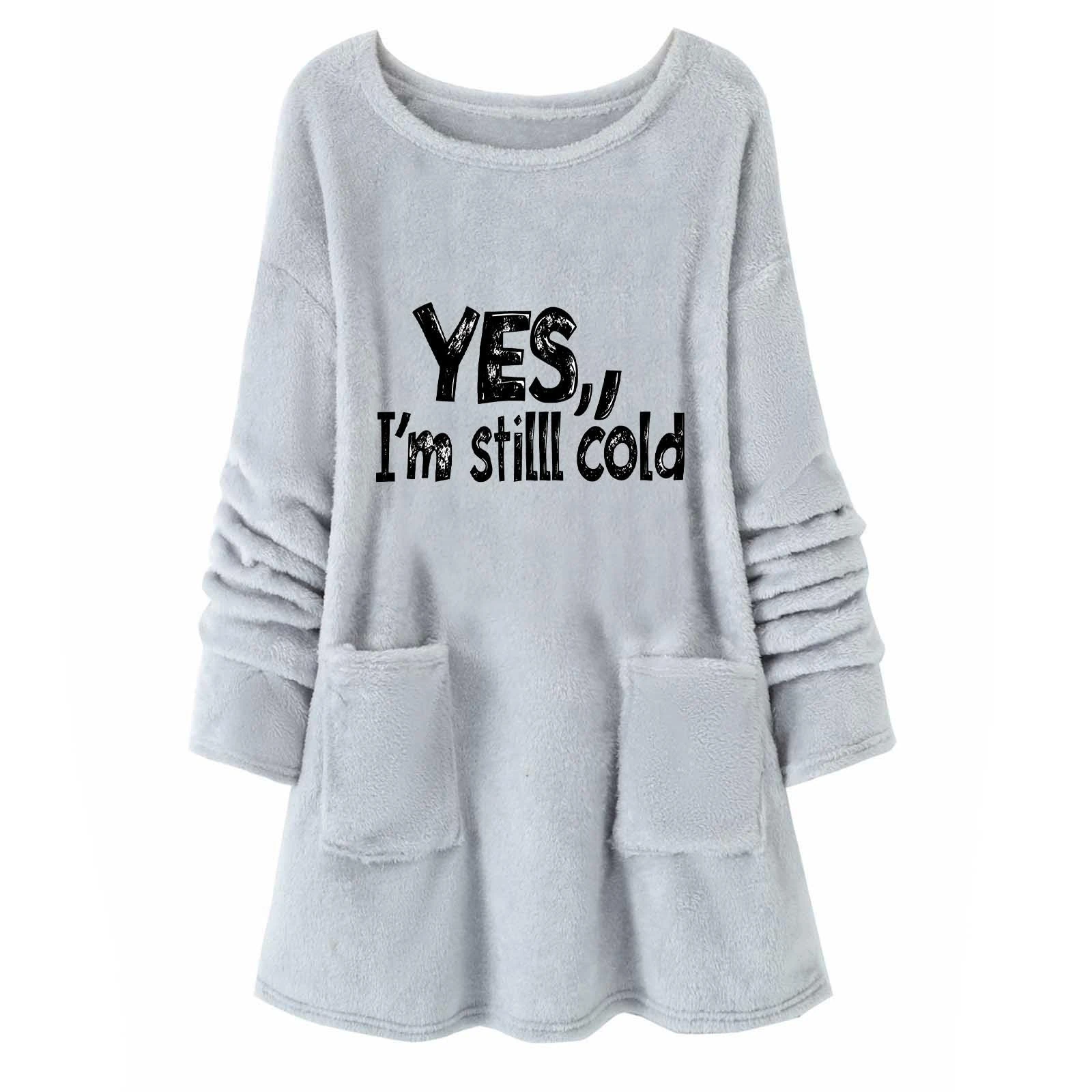 KUIH Long Sweatshirt Women Oversized Jumper Sherpa Fleece Longline Sweatshirts Letter Print Warm Tops Autumn Winter Sweaters Ladies Fluffy Tops Thermal Thicken Pullover with Pockets