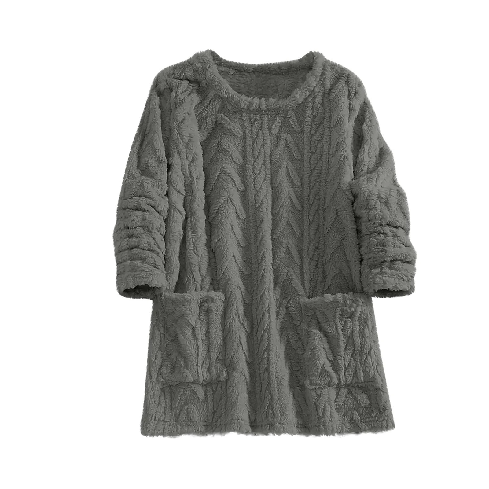 KUIH Oversized Sweatshirt Women Sherpa Fleece Jacquard Jumper Long Sleeve Crew Neck Sweatshirt with Pockets Soft Warm Cozy Lounge Pullover Pj Tops Fuzzy Fluffy Tops Autumn Winter Coats