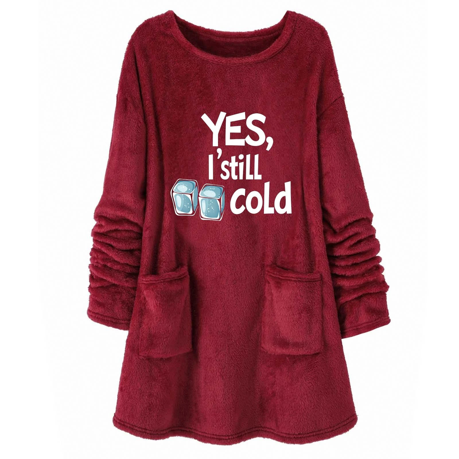 KUIH Long Sweatshirt Women Oversized Jumper Sherpa Fleece Longline Sweatshirts Letter Print Warm Tops Autumn Winter Sweaters Ladies Fluffy Tops Thermal Thicken Pullover with Pockets