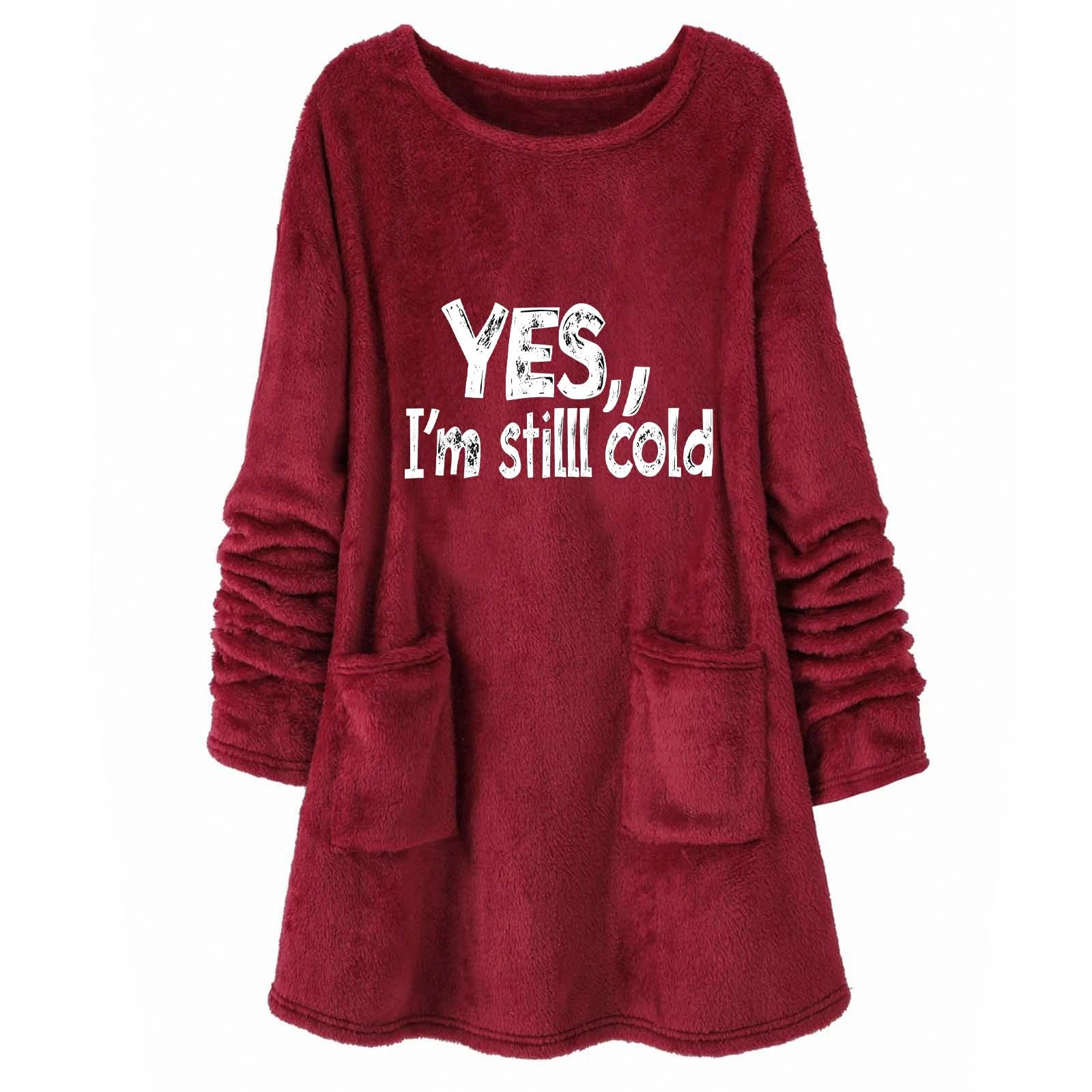 KUIH Long Sweatshirt Women Oversized Jumper Sherpa Fleece Longline Sweatshirts Letter Print Warm Tops Autumn Winter Sweaters Ladies Fluffy Tops Thermal Thicken Pullover with Pockets