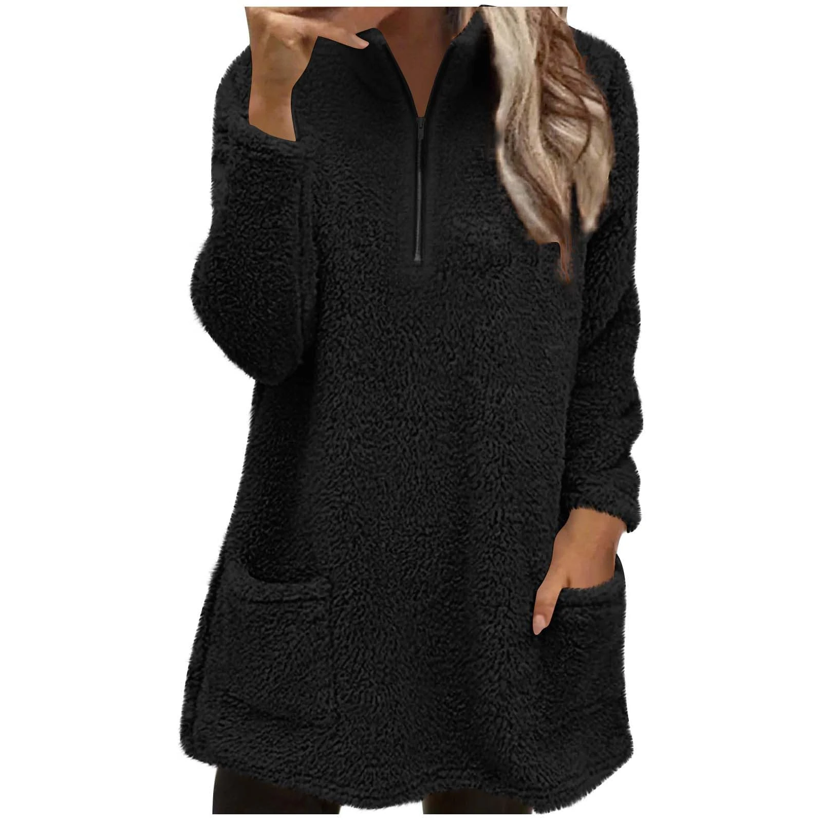 KUIH Womens Fleece Sweatshirt Half Zip Fluffy Pullover Jumpers Long Oversized Sweatshirts for Women Thick Warm Longline Fleee Tops Thermal Tunics Ladies Soft Fuzzy Sweaters Cosy Blouses