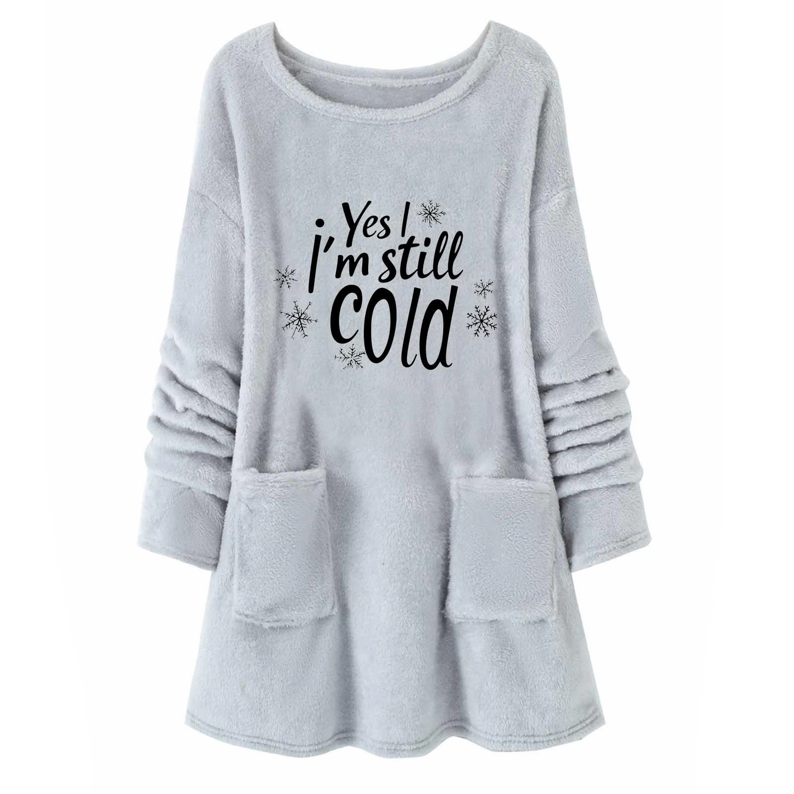 KUIH Long Sweatshirt Women Oversized Jumper Sherpa Fleece Longline Sweatshirts Letter Print Warm Tops Autumn Winter Sweaters Ladies Fluffy Tops Thermal Thicken Pullover with Pockets