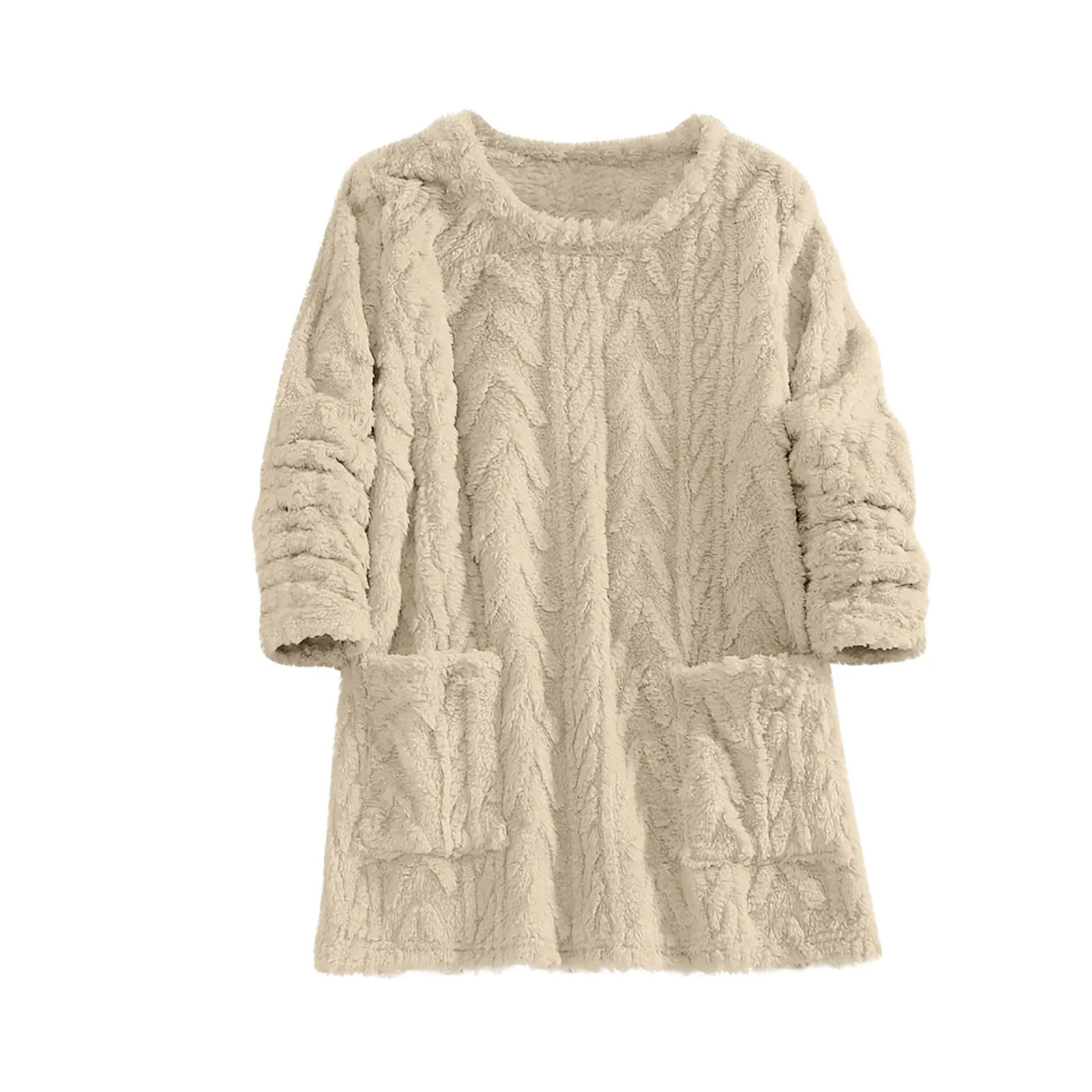 KUIH Oversized Sweatshirt Women Sherpa Fleece Jacquard Jumper Long Sleeve Crew Neck Sweatshirt with Pockets Soft Warm Cozy Lounge Pullover Pj Tops Fuzzy Fluffy Tops Autumn Winter Coats