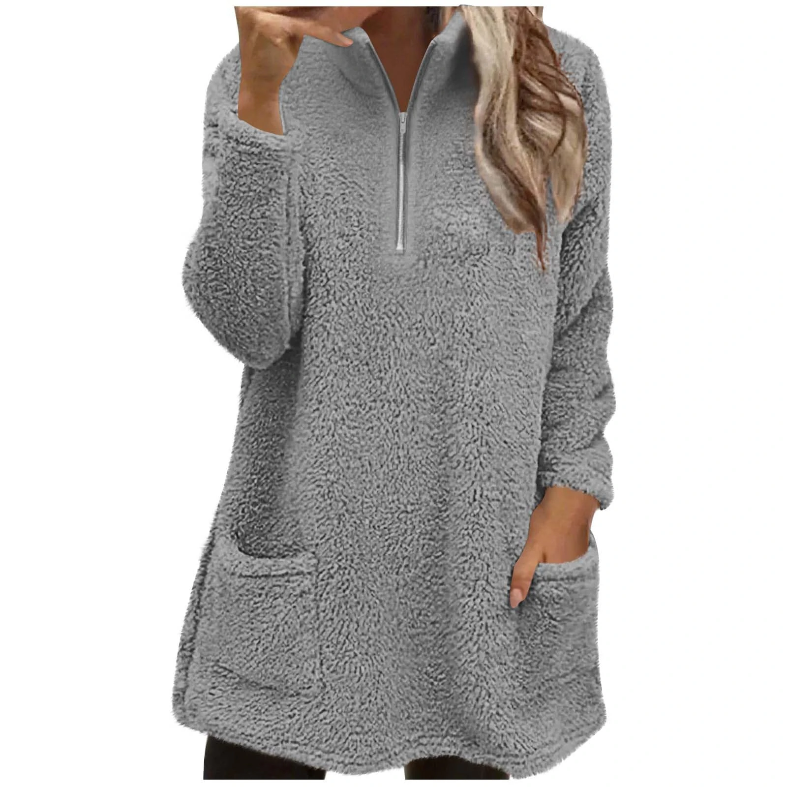 KUIH Womens Fleece Sweatshirt Half Zip Fluffy Pullover Jumpers Long Oversized Sweatshirts for Women Thick Warm Longline Fleee Tops Thermal Tunics Ladies Soft Fuzzy Sweaters Cosy Blouses