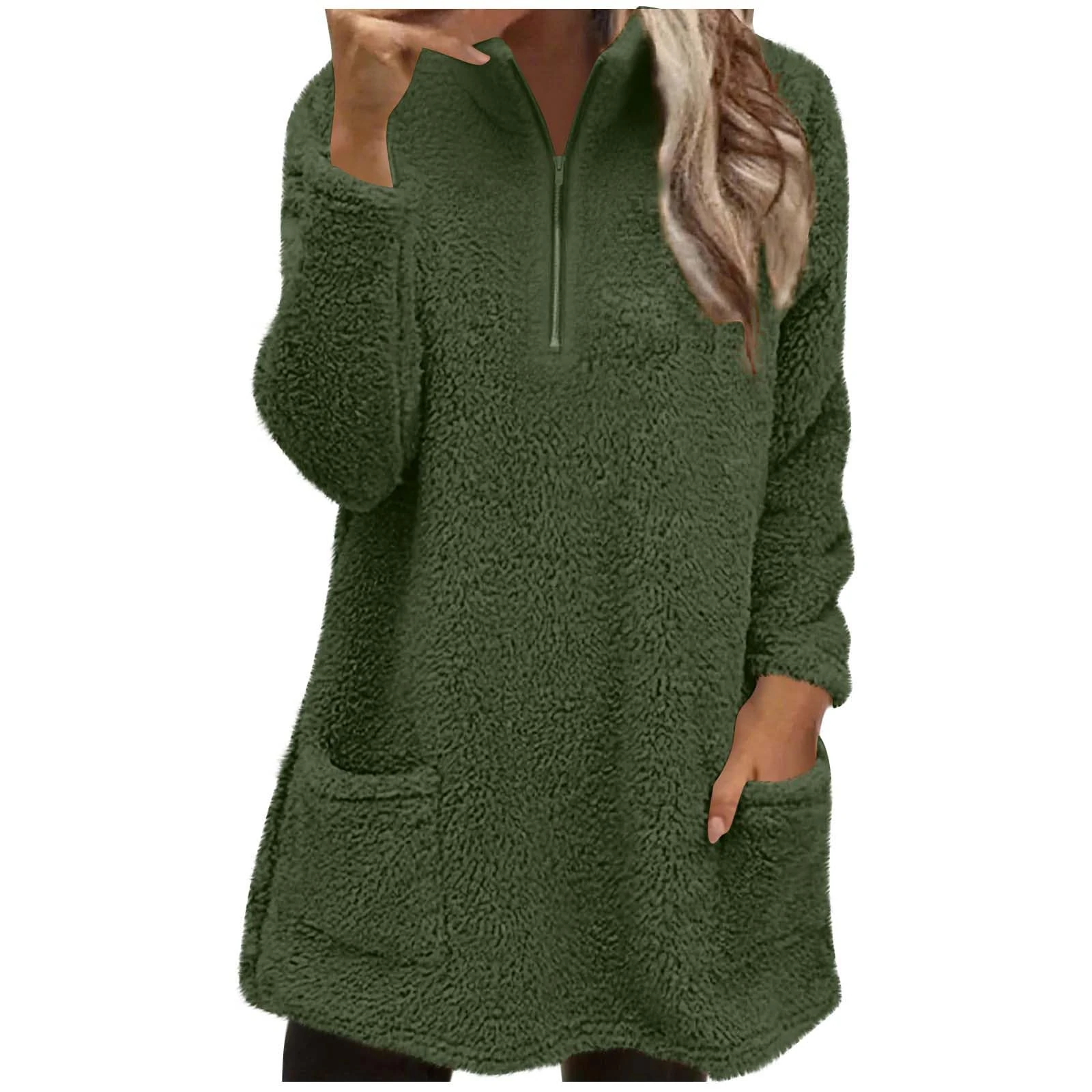 KUIH Womens Fleece Sweatshirt Half Zip Fluffy Pullover Jumpers Long Oversized Sweatshirts for Women Thick Warm Longline Fleee Tops Thermal Tunics Ladies Soft Fuzzy Sweaters Cosy Blouses