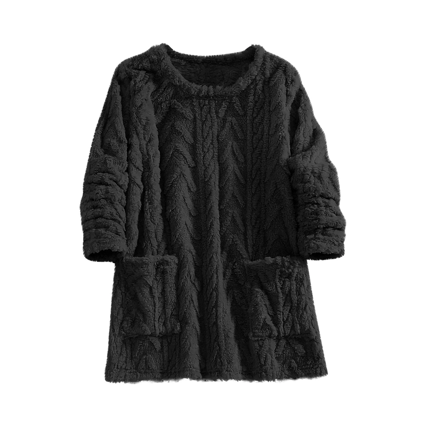 KUIH Oversized Sweatshirt Women Sherpa Fleece Jacquard Jumper Long Sleeve Crew Neck Sweatshirt with Pockets Soft Warm Cozy Lounge Pullover Pj Tops Fuzzy Fluffy Tops Autumn Winter Coats