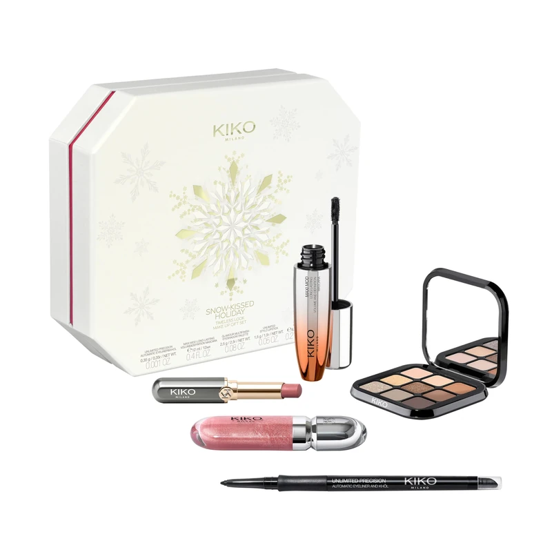KIKO Milano Snow-Kissed Holiday Timeless Look Makeup Gift Set, Makeup Gift Set: Volumising Mascara, Eyeliner, Eyeshadow Palette, Lip Gloss And Lipstick