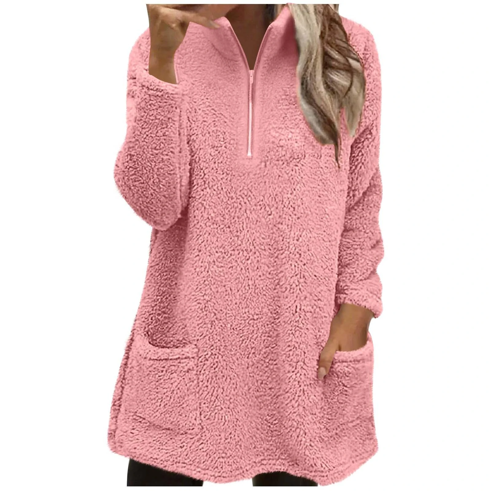 KUIH Womens Fleece Sweatshirt Half Zip Fluffy Pullover Jumpers Long Oversized Sweatshirts for Women Thick Warm Longline Fleee Tops Thermal Tunics Ladies Soft Fuzzy Sweaters Cosy Blouses