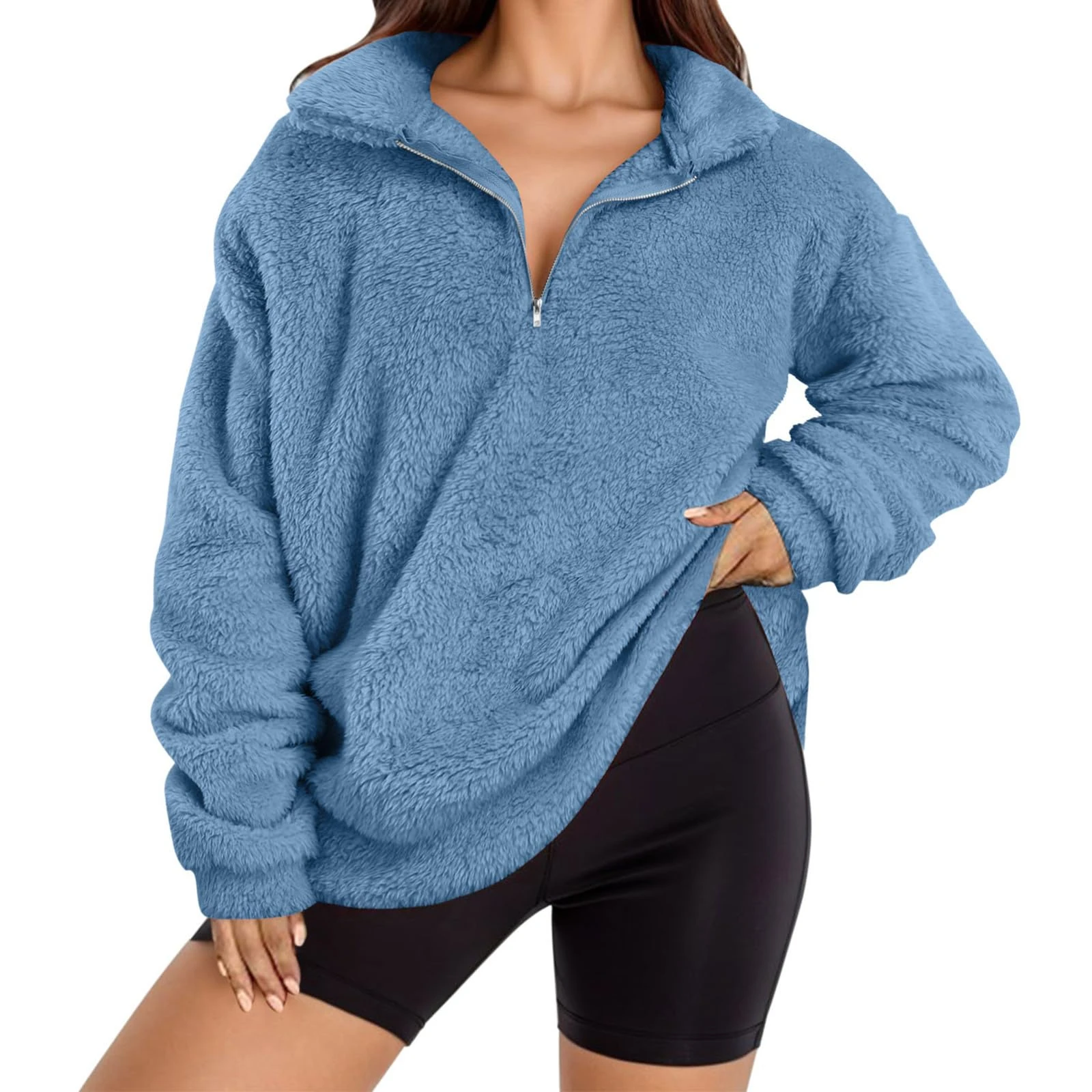 KUIH Half Zip Jumper Women Fleece Sweatshirt 1/4 Zip Cosy Top Long Sleeve Stand Collar Teddy Fleece Tunic Tops Double Fleece Fluffy Pullover Tops Oversized Sweatshirts Fall Winter Warm Coats