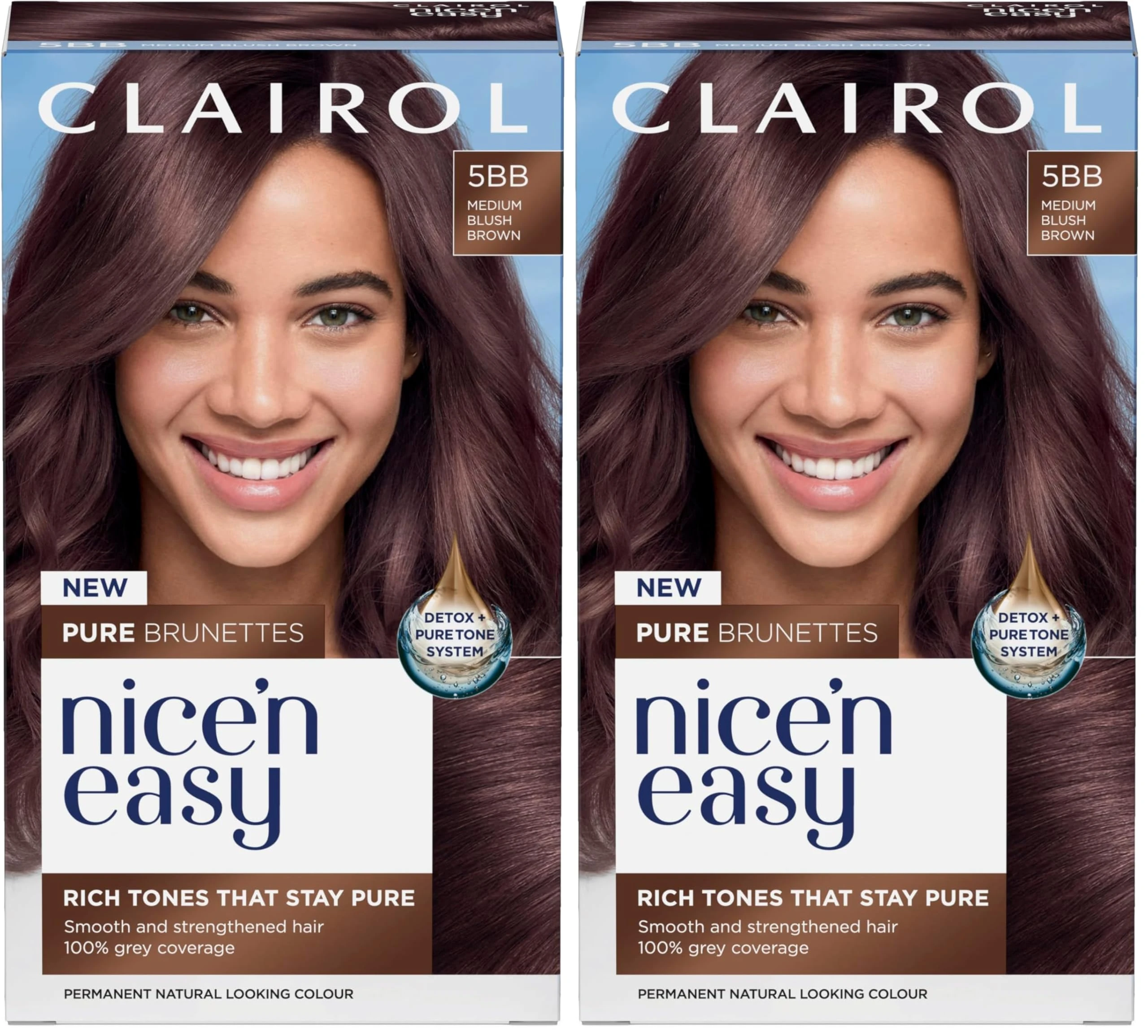 Clairol Nice n’ Easy Pure Brunettes Hair Colour | Pure and Rich Brown Tones | Smooth, Natural Hair Colour | With Pre-Colour Serum | 100% Grey Coverage | 5BB Medium Blush Brown| Permanent Hair Dye