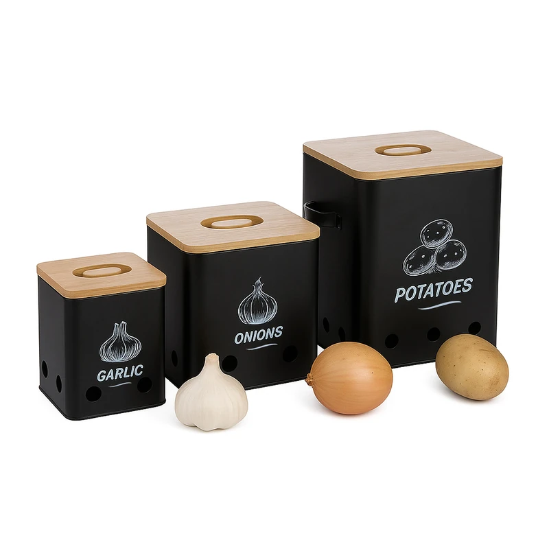 Relaxdays Potato Storage Box, Onions, Garlic, Set of 3, with Holes, Metal, Bamboo Lid, Black/Natural