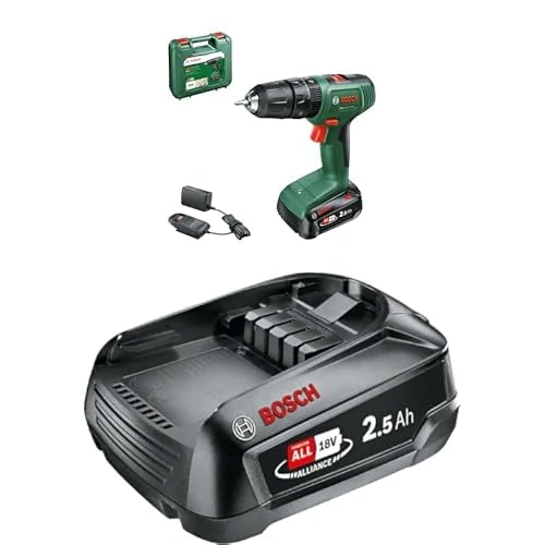 Bosch Cordless Hammer Drill EasyImpact 18V-38 (1x Battery 2.5 Ah; 18 Volt System; in Carrying case) + Bosch 1600A005B0 Battery Pack PBA 18V 2.5Ah W-B, 18 V, Black