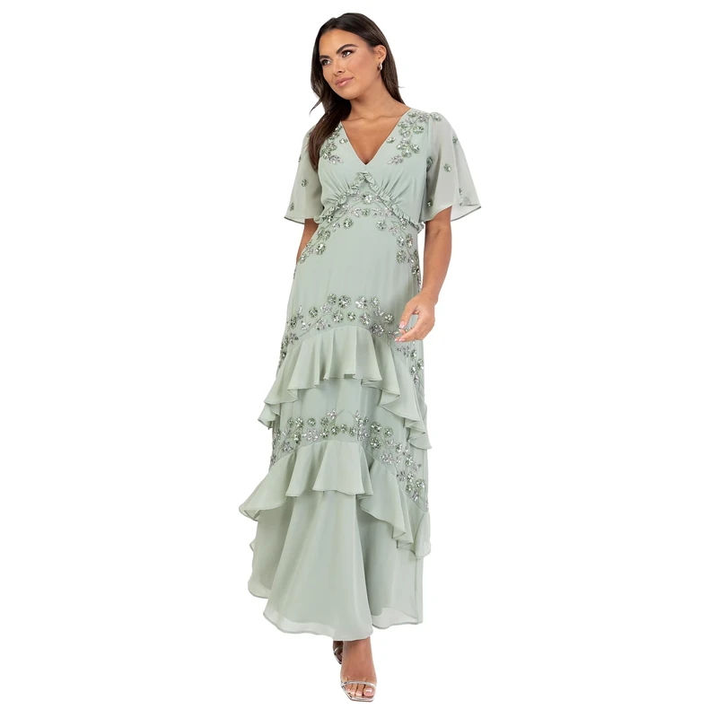 Maya Deluxe Women's Maxi Dress Ladies V-Neck Angel Sleeve Floral Bead Embellished Tiered Ruffle A-line Bridesmaid Wedding Guest Prom, Green Lily 22